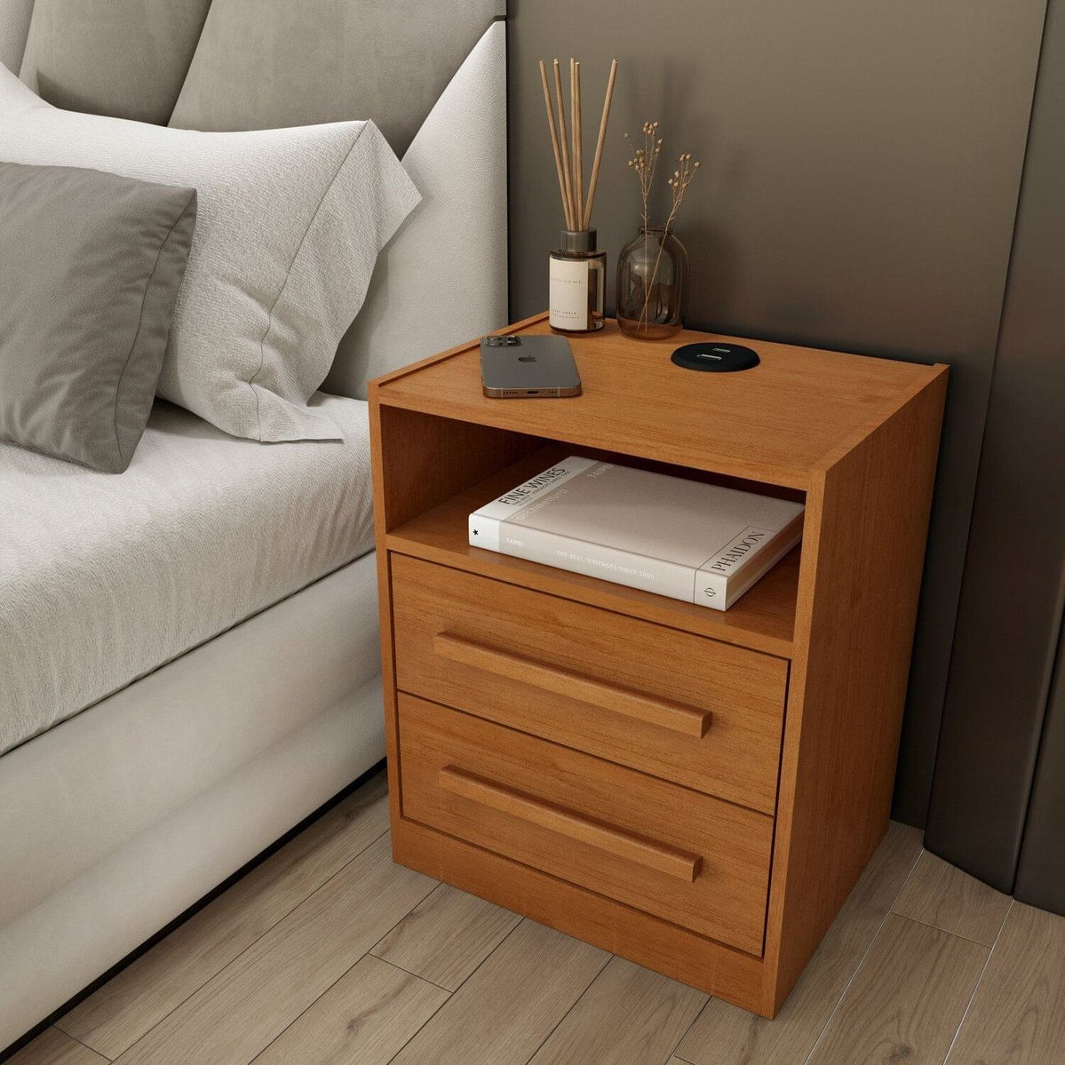 Mesa De Cabeceira Com Usb 2 Gavetas Ripado Espresso Móveis Cinamomo