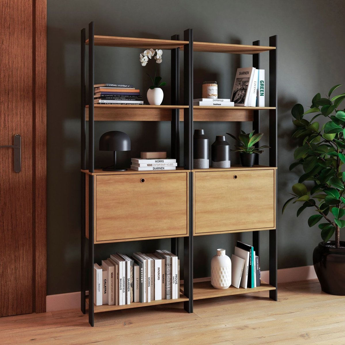 Conjunto 2 Estantes Para Livros 8 Prateleiras E 2 Portas Lamina Mel/preto