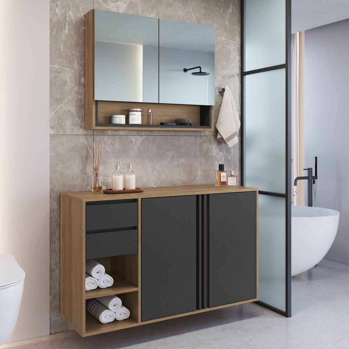 Gabinete De Banheiro 110cm Com Espelheira 2 Portas Sem Cuba Antônia Mel/grafite