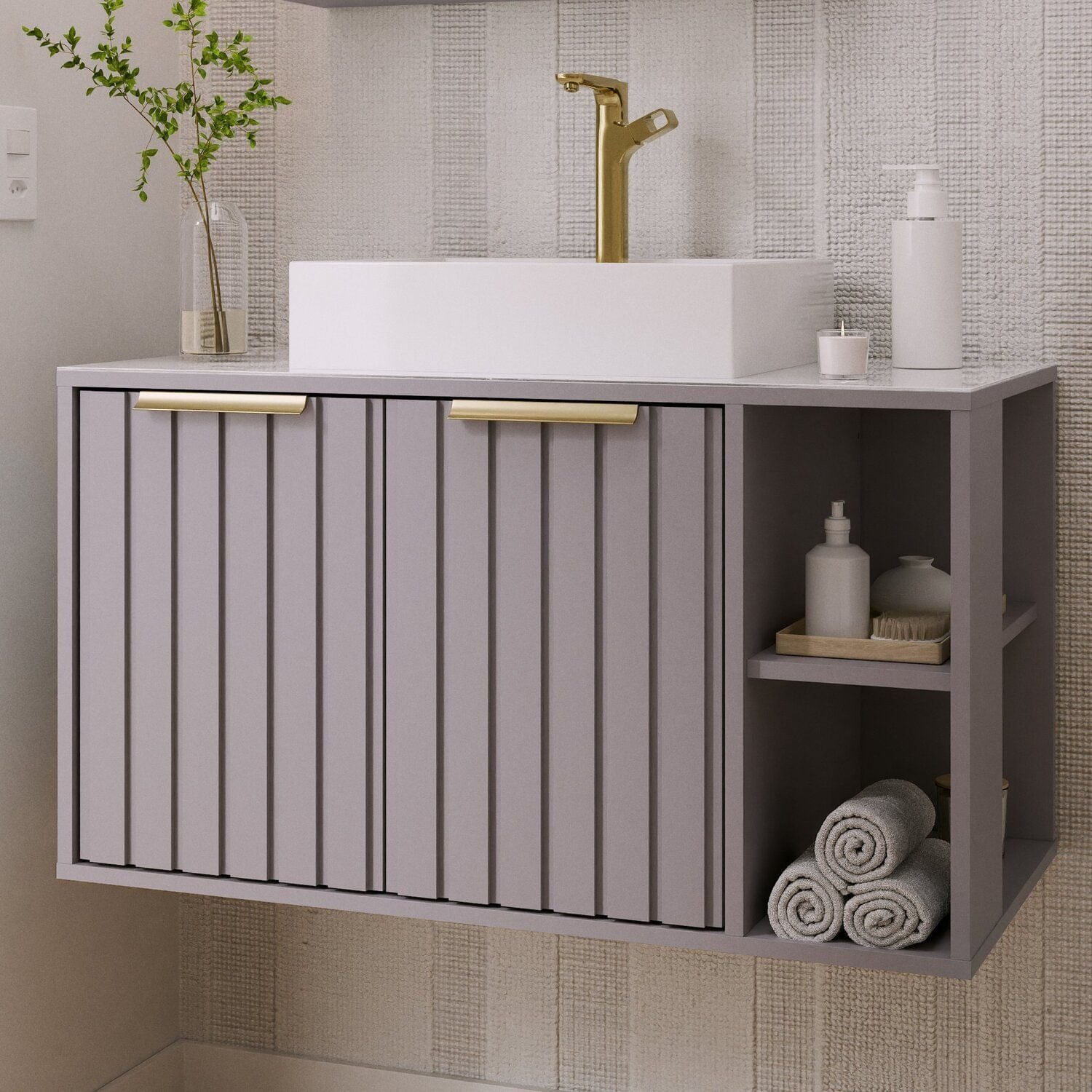 Gabinete Para Banheiro 80cm Com 2 Portas 2 Nichos E Cuba De Sobrepor Noruega Platina