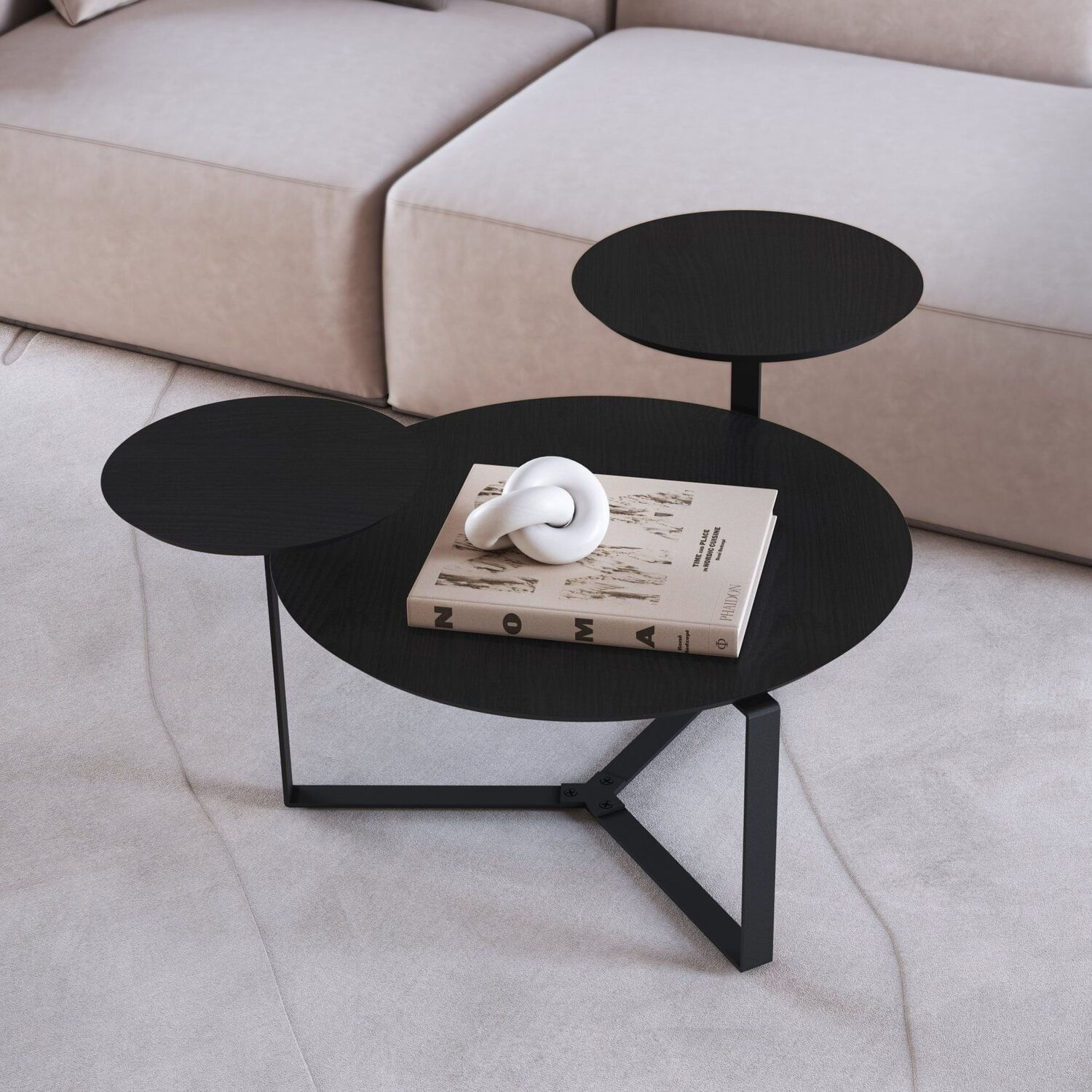 Mesa De Centro Três Tampos Chanfrado Orgânica Pé Metal Complementos Nero/preto