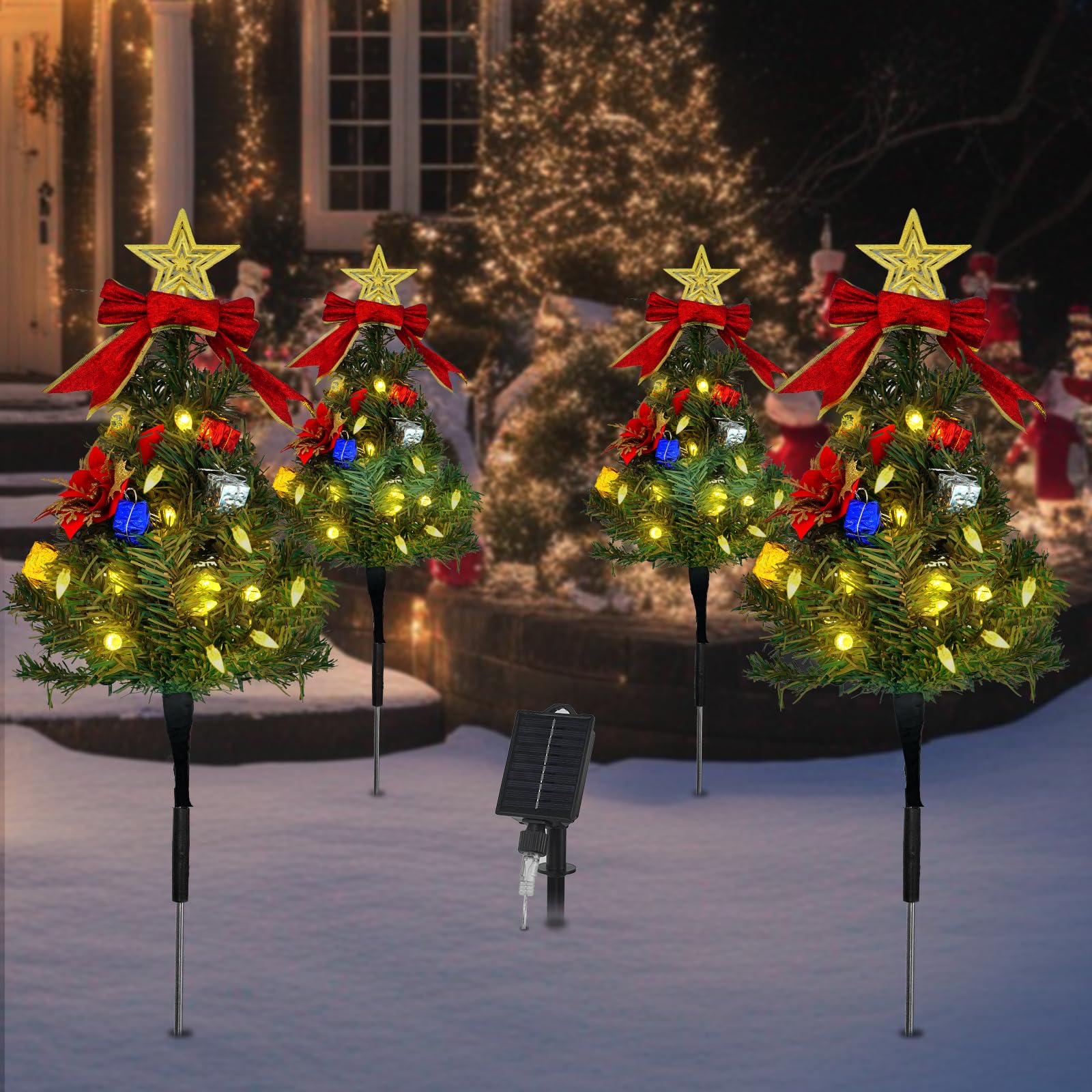 Solar Christmas Tree Pathway Lights Com Um Conjunto De 4