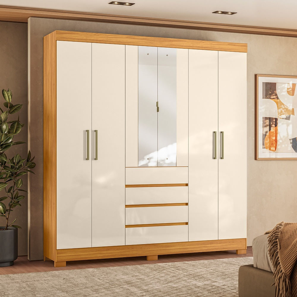 Guarda Roupa Casal Com Espelho 6 Portas 4 Gavetas E Pés Em Mdf Ópera Demóbile