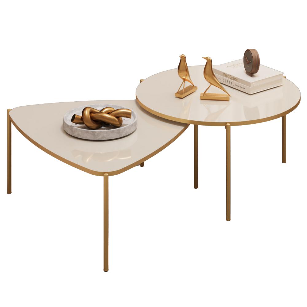 Kit 2 Mesas Centro Lina Cleia Pés Metal Off White Dj Moveis