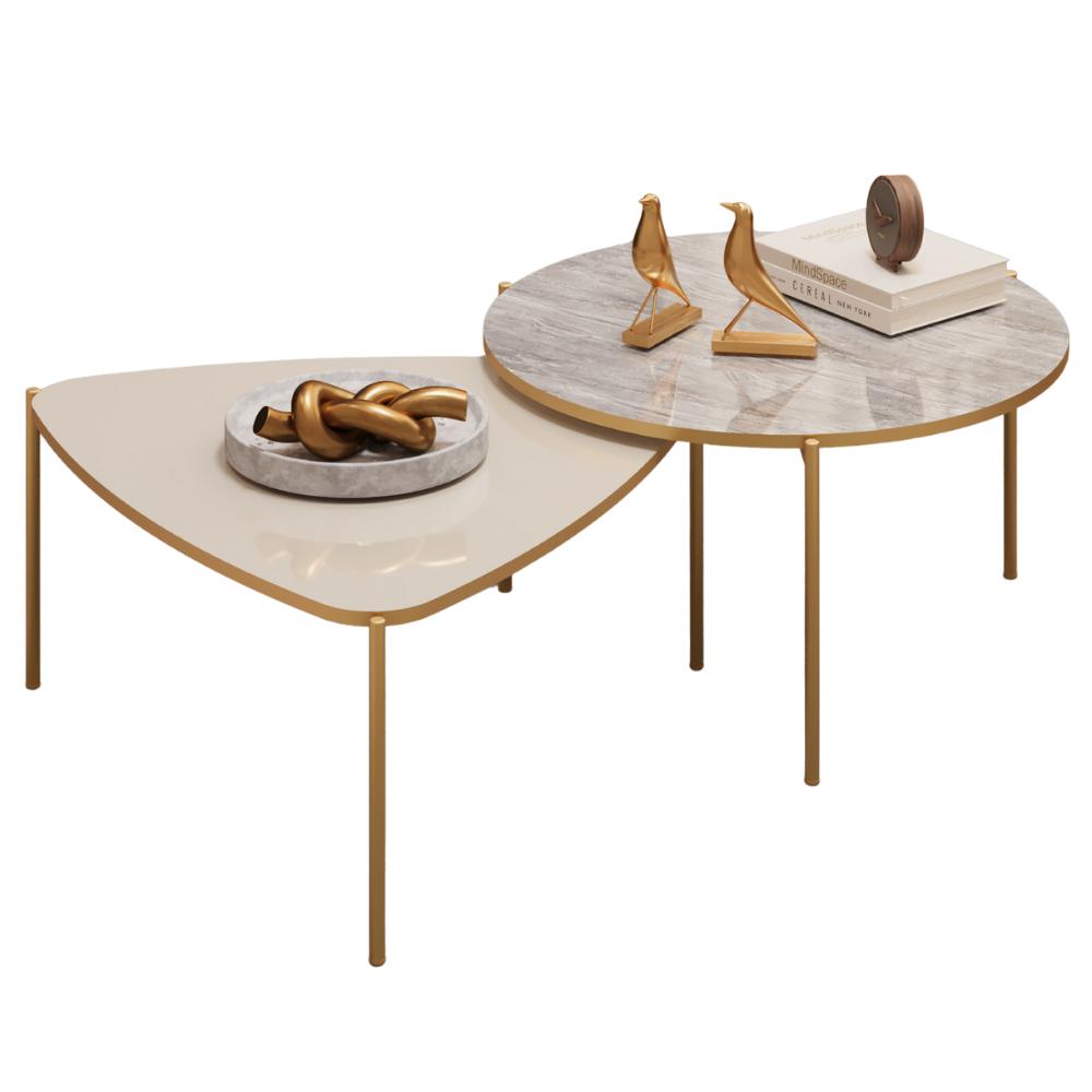 Kit 2 Mesas Centro Lina Cleia Pés Metal Off White Quartzo Dj Moveis