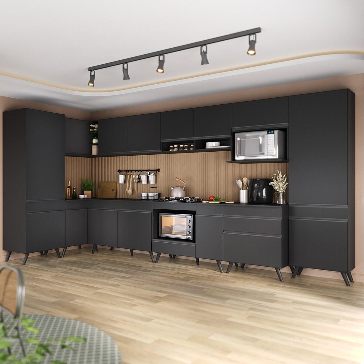 Armário De Cozinha Modulada Completa Canto 409cm Com Balcão Para Cooktop Veneza Multimóveis Mp2303 Preto