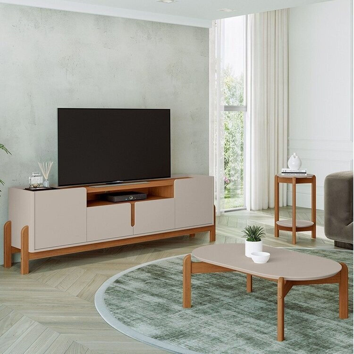 Rack De 1,90 Com Mesa De Centro E Mesa Lateral Lizz Off White/cedro