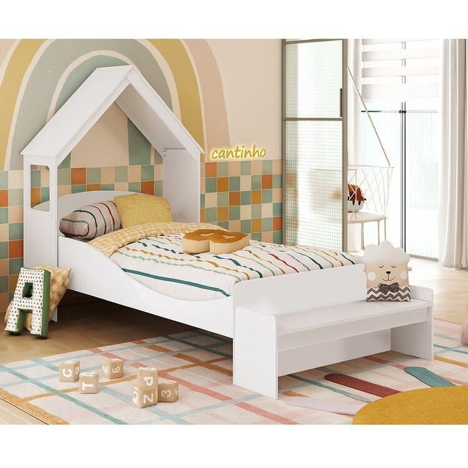 Cama Infantil Com Cabeceira Casinha E Banco Lola 100% Mdf Espresso Móveis Branco Brilho