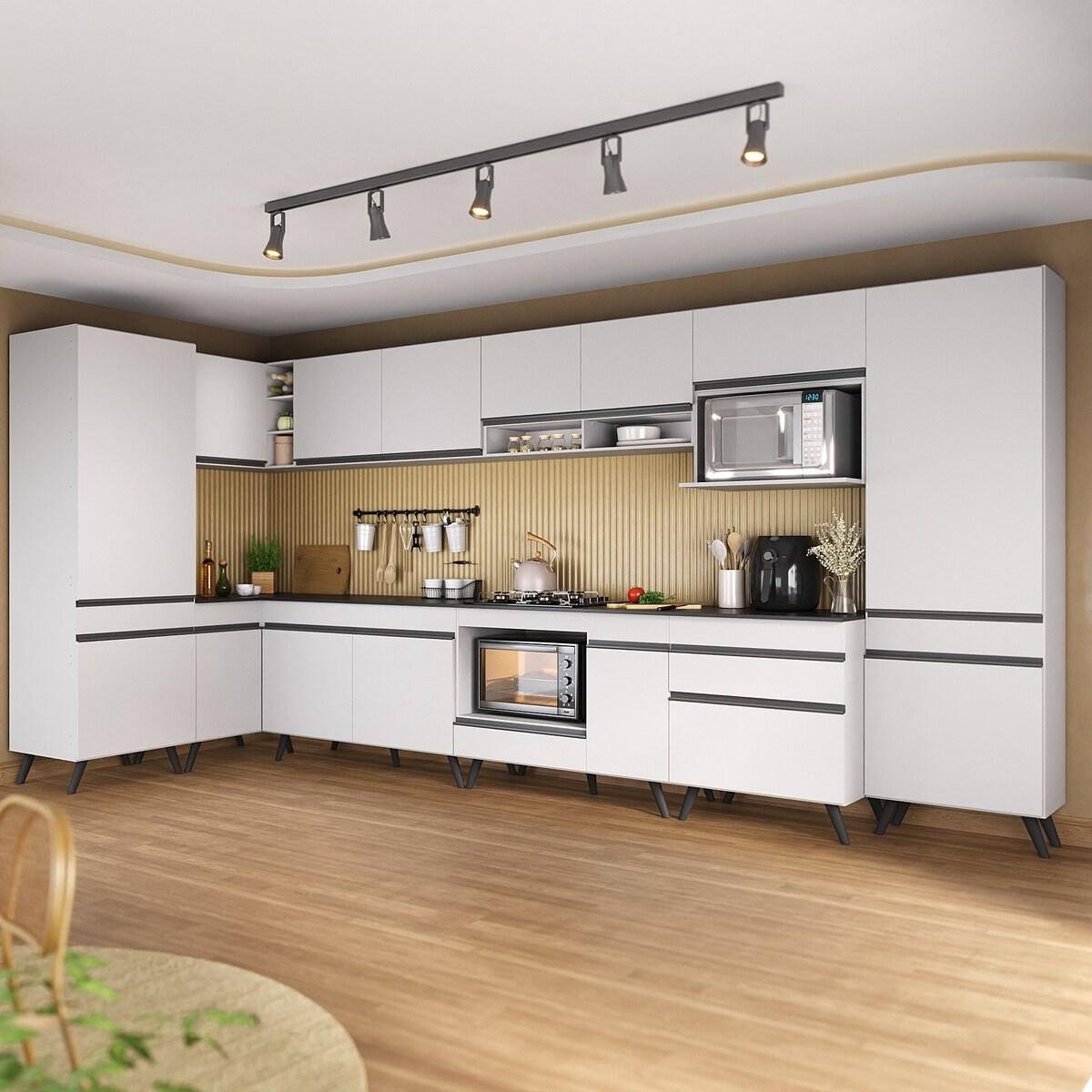 Armário De Cozinha Modulada Completa Canto 409cm Com Balcão Para Cooktop Veneza Multimóveis Mp2303 Branco/preto