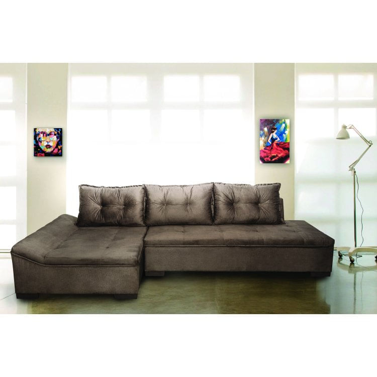 Sofá 3 Lugares Chaise Vel Rústico Guarapari Montreal Café