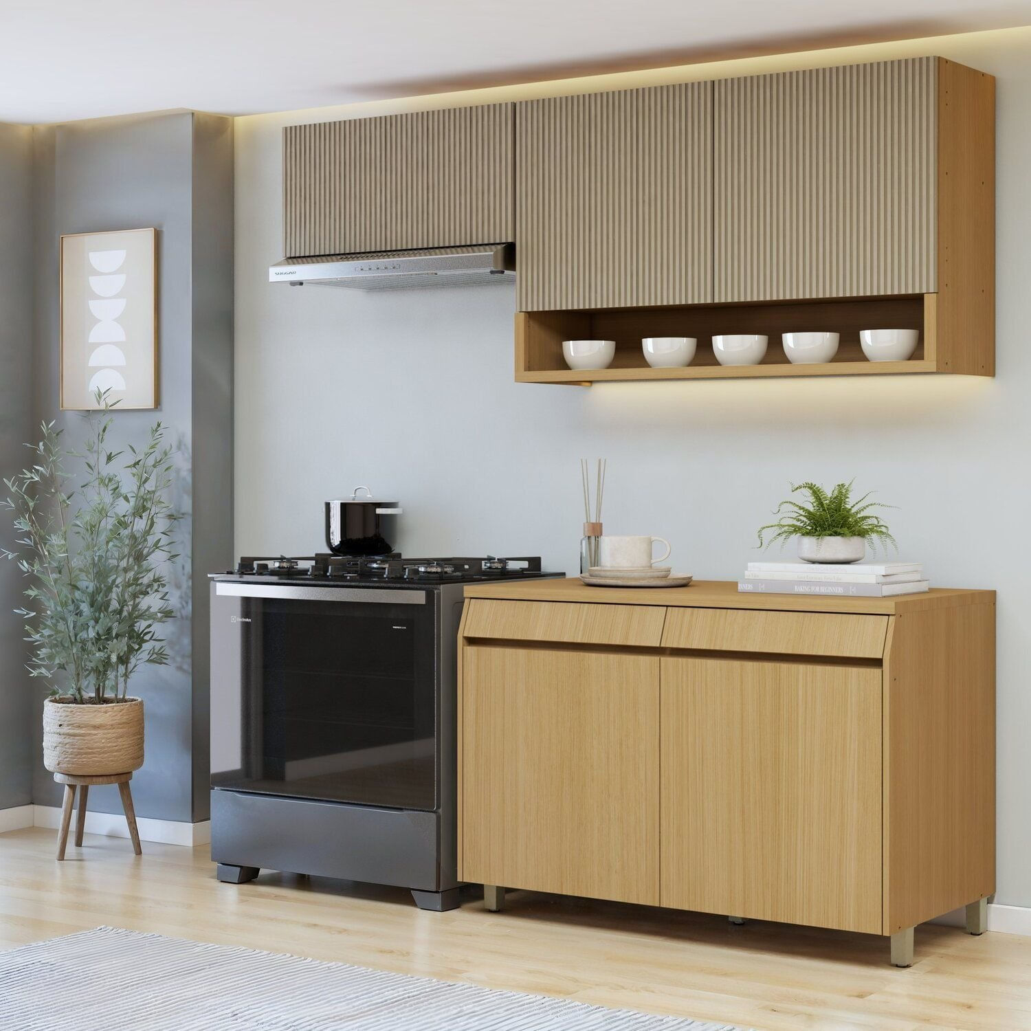 Cozinha Completa Modulada 3 Peças 5 Portas 2 Gavetas 100% Mdf Simone Mendes Carvalho/greige