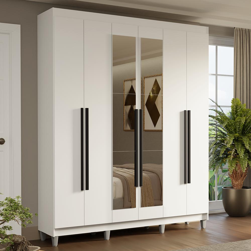Guarda-roupa Casal Com Pés 6 Portas Batentes Com Espelho Branco/branco/preto Saturno Madesa