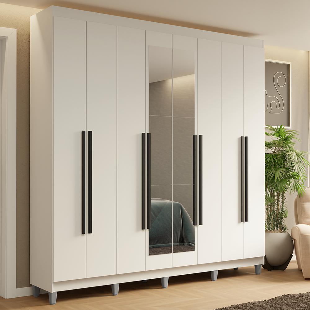 Guarda-roupa Casal Com Pés 8 Portas Batentes Com Espelho Branco/branco/preto Saturno Madesa