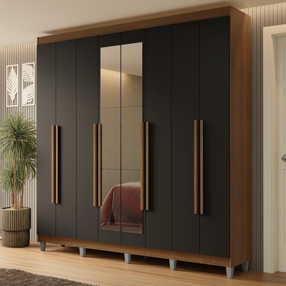 Guarda-roupa Casal Com Pés 8 Portas Batentes Com Espelho Rustic/preto/rustic Netuno Madesa