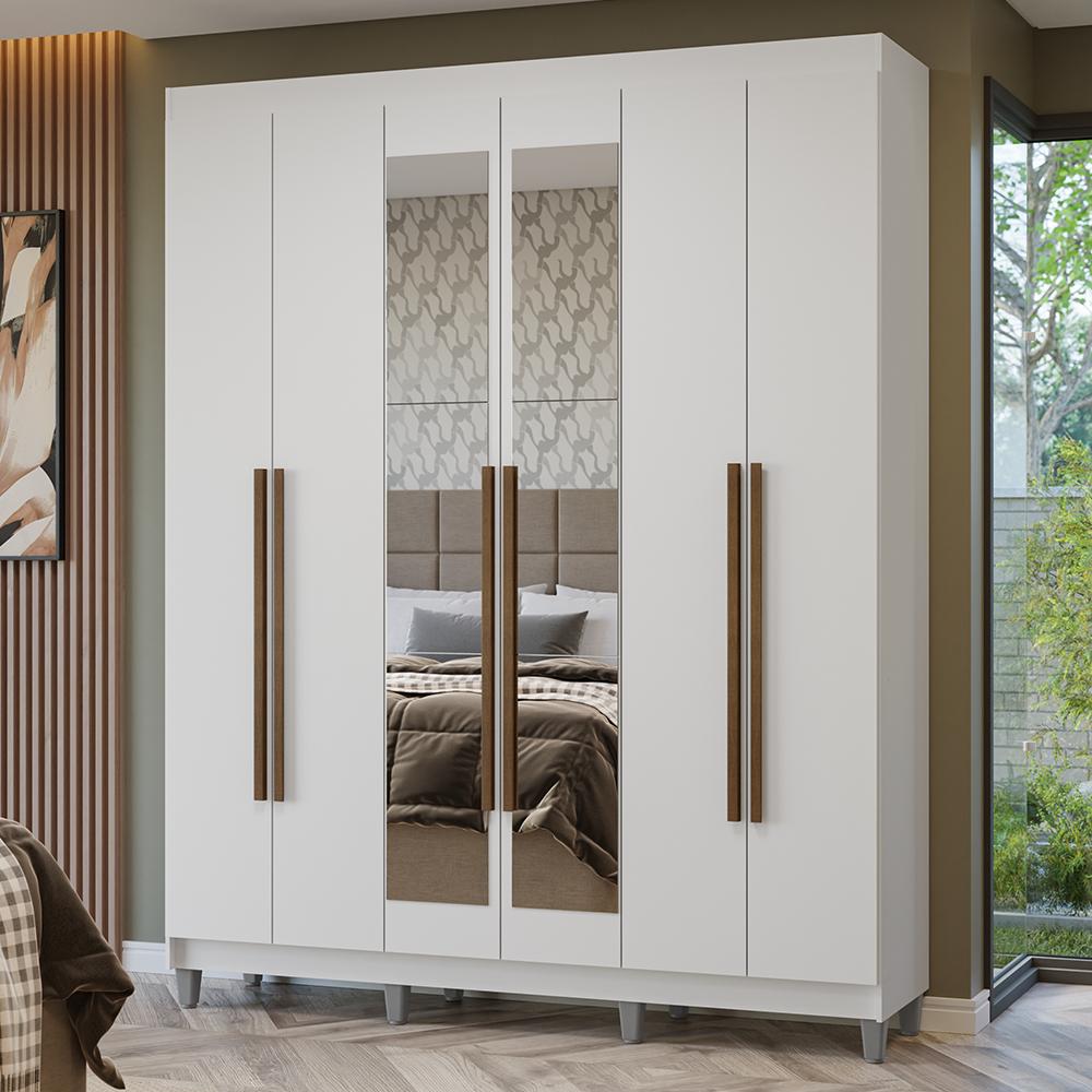 Guarda-roupa Casal Com Pés 6 Portas Batentes Com Espelho Branco/branco/rustic Netuno Madesa