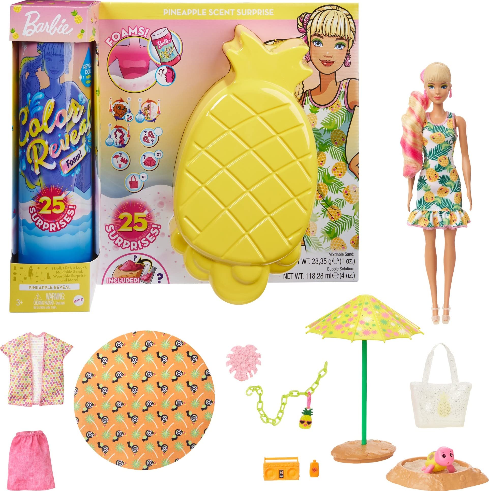 Barbie Espuma Surpresa! Boneca &amp; Pet + 25 Surpresas Perfume Roupas Cabelo Pulseira &amp; Pingente Tema Abacaxi Ensolarado 3+ Anos