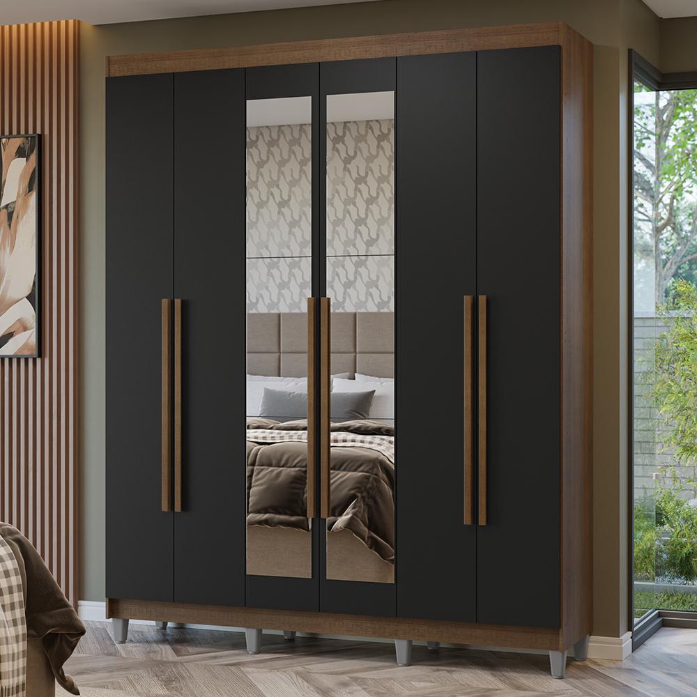 Guarda-roupa Casal Com Pés 6 Portas Batentes Com Espelho Rustic/preto/rustic Netuno Madesa