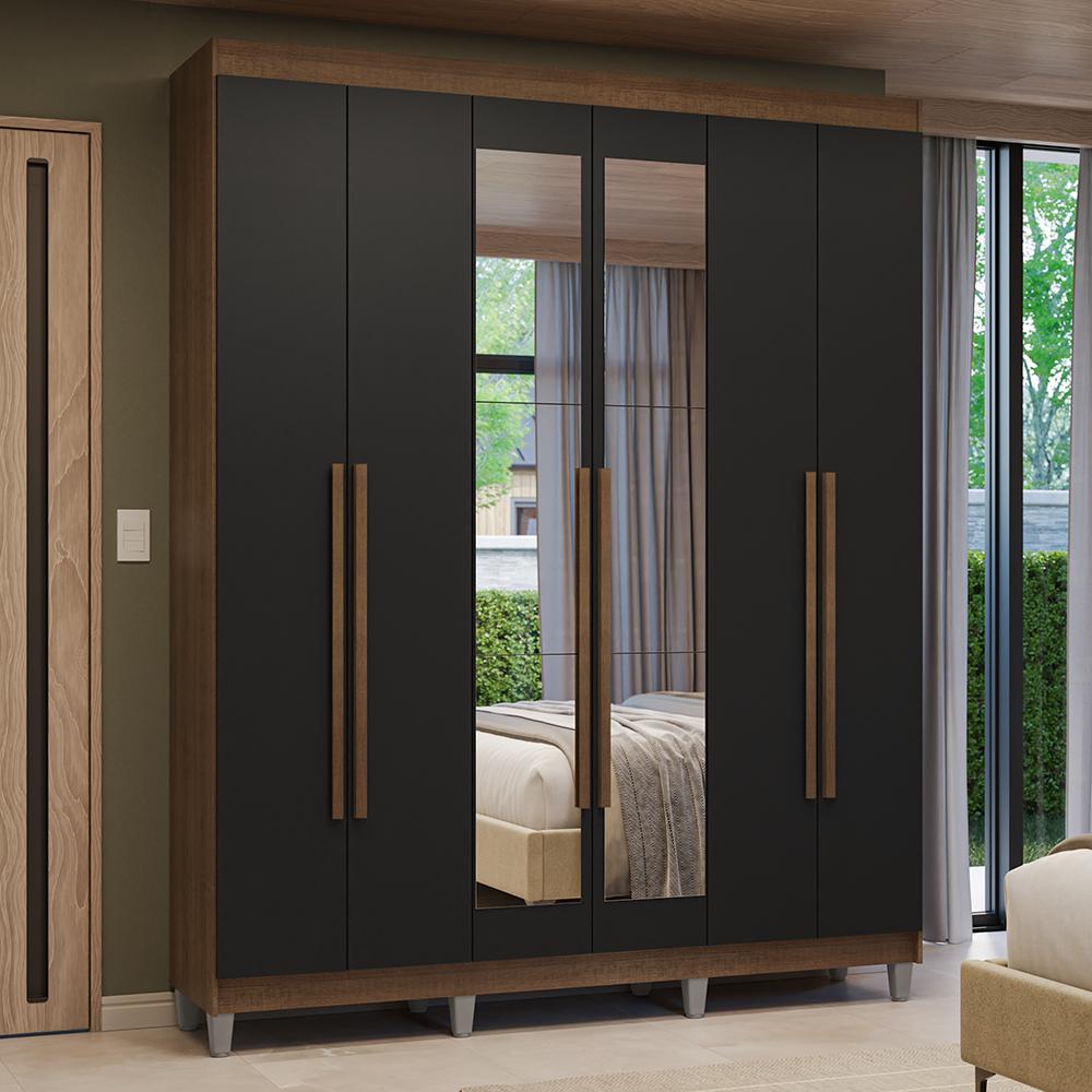 Guarda-roupa Casal Com Pés 6 Portas Batentes Com Espelho Rustic/preto/rustic Venus Madesa