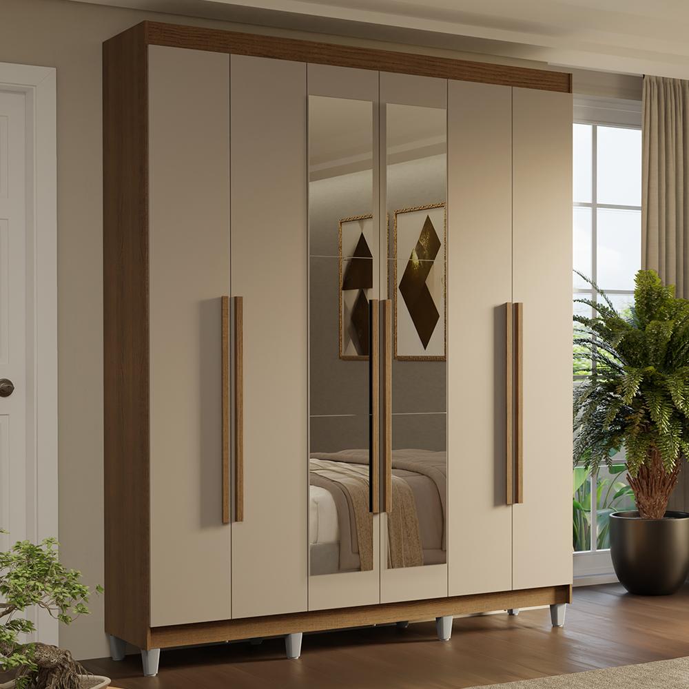 Guarda-roupa Casal Com Pés 6 Portas Batentes Com Espelho Rustic/crema/rustic Saturno Madesa