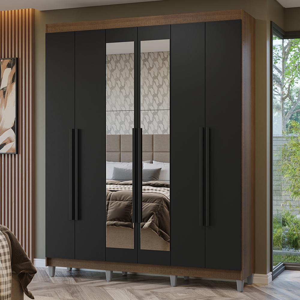 Guarda-roupa Casal Com Pés 6 Portas Batentes Com Espelho Rustic/preto/preto Netuno Madesa