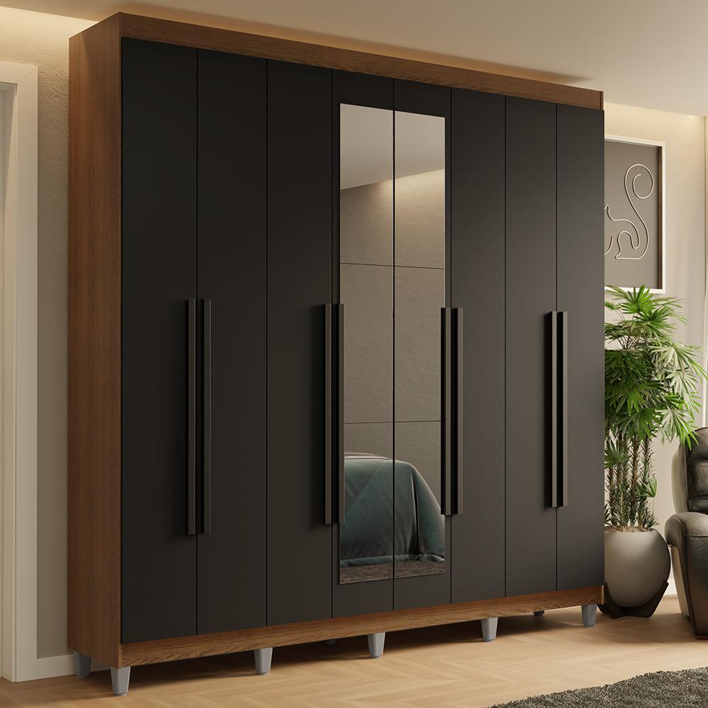 Guarda-roupa Casal Com Pés 8 Portas Batentes Com Espelho Rustic/preto/preto Saturno Madesa