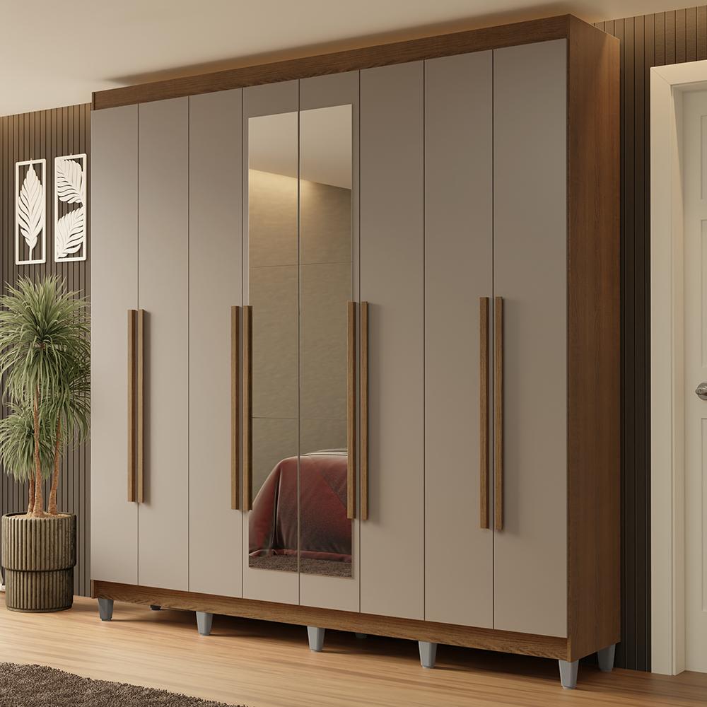 Guarda-roupa Casal Com Pés 8 Portas Batentes Com Espelho Rustic/crema/rustic Netuno Madesa