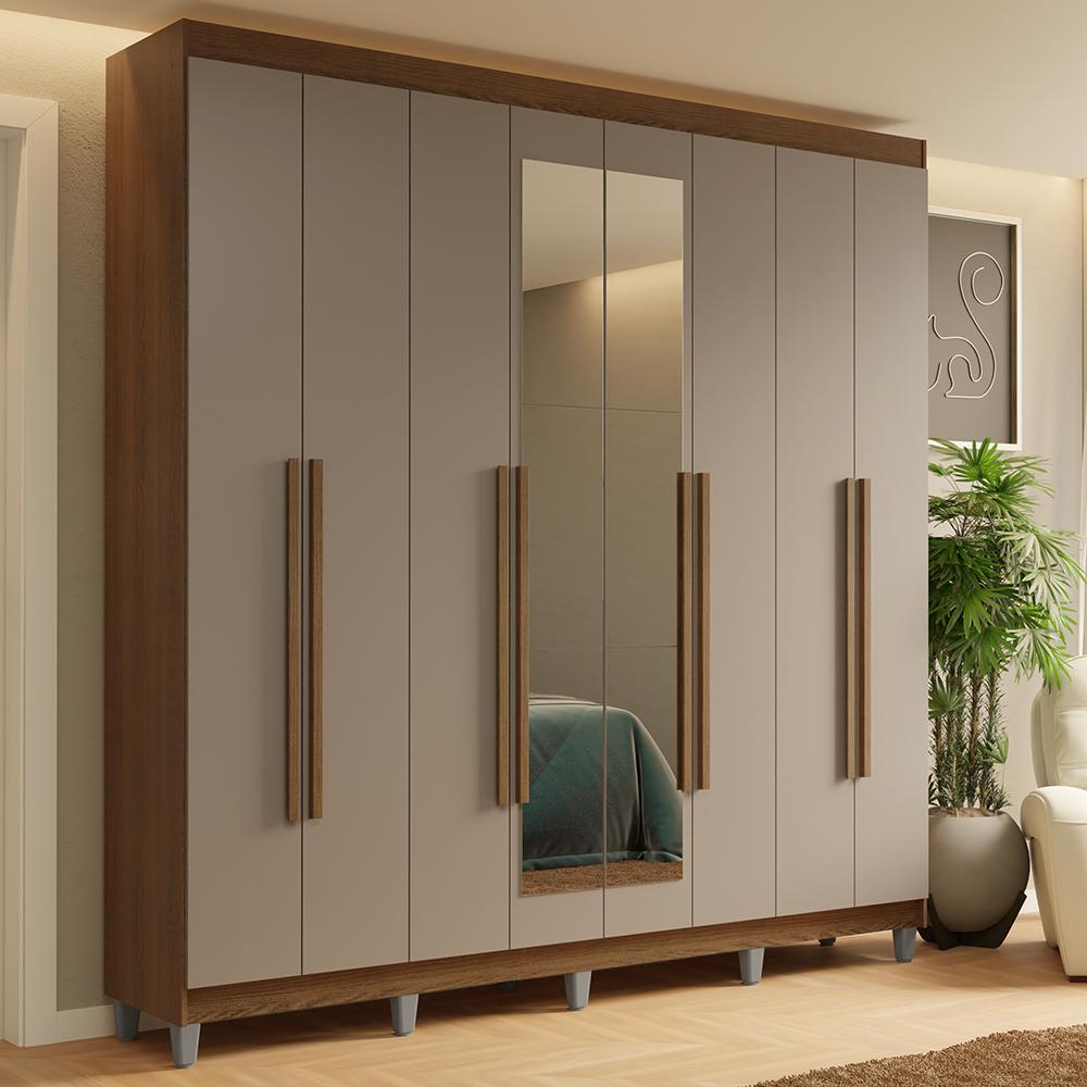 Guarda-roupa Casal Com Pés 8 Portas Batentes Com Espelho Rustic/crema/rustic Saturno Madesa