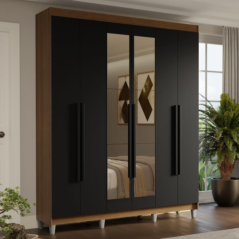 Guarda-roupa Casal Com Pés 6 Portas Batentes Com Espelho Rustic/preto/preto Saturno Madesa