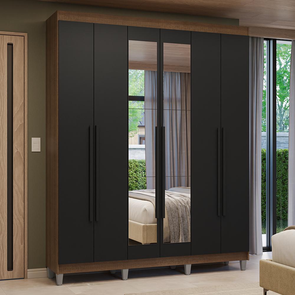 Guarda-roupa Casal Com Pés 6 Portas Batentes Com Espelho Rustic/preto/preto Venus Madesa