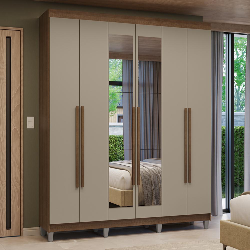 Guarda-roupa Casal Com Pés 6 Portas Batentes Com Espelho Rustic/crema/rustic Venus Madesa