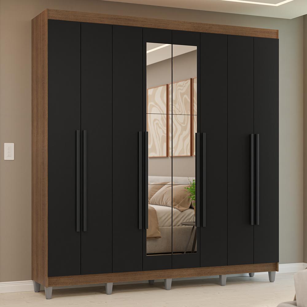 Guarda-roupa Casal Com Pés 8 Portas Batentes Com Espelho Rustic/preto/preto Venus Madesa