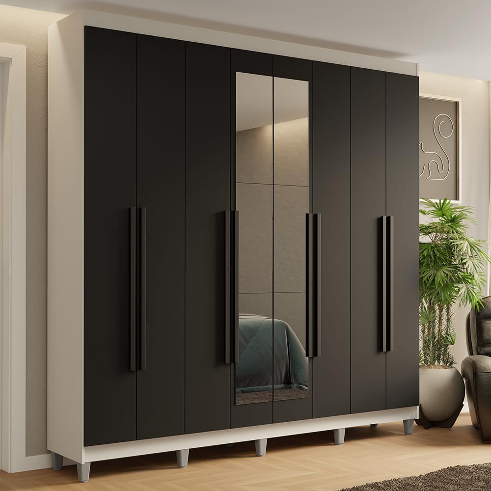 Guarda-roupa Casal Com Pés 8 Portas Batentes Com Espelho Branco/preto/branco Saturno Madesa