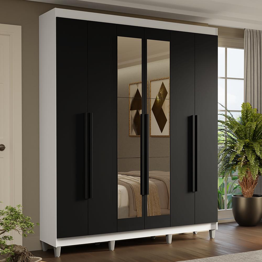 Guarda-roupa Casal Com Pés 6 Portas Batentes Com Espelho Branco/preto/preto Saturno Madesa