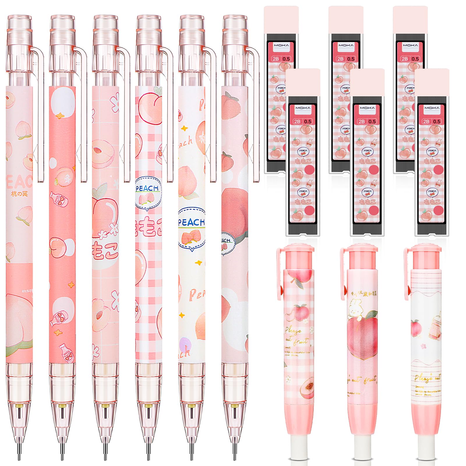 Conjunto De Lápis Mecânicos Sabary Kawaii Peach 0,5 Mm Com Borracha