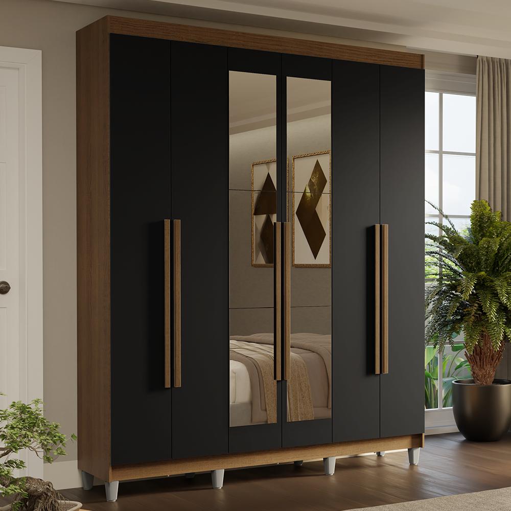 Guarda-roupa Casal Com Pés 6 Portas Batentes Com Espelho Rustic/preto/rustic Saturno Madesa