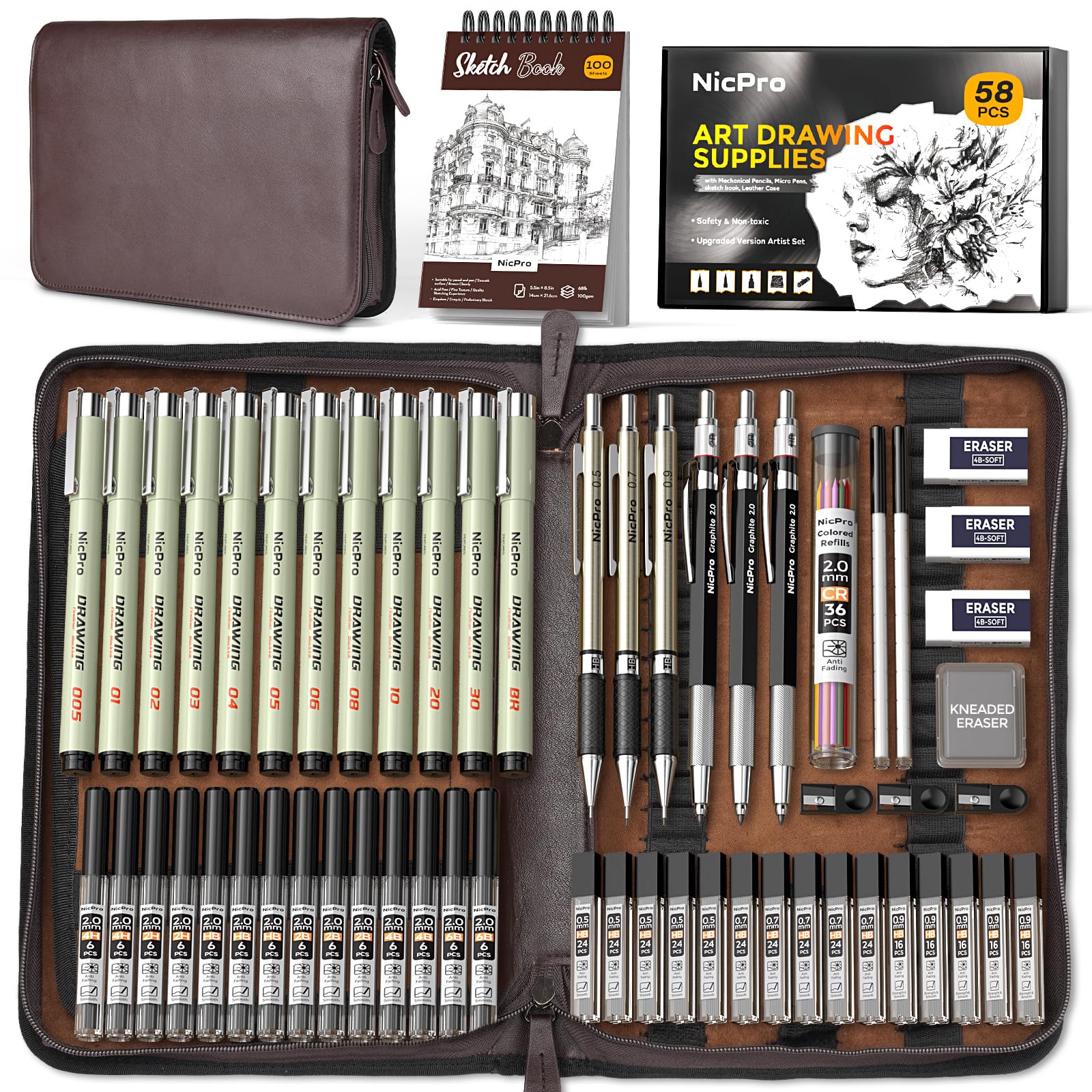 Kit De Suprimentos De Desenho Artístico Nicpro 58 Unidades Com Estojo De Couro