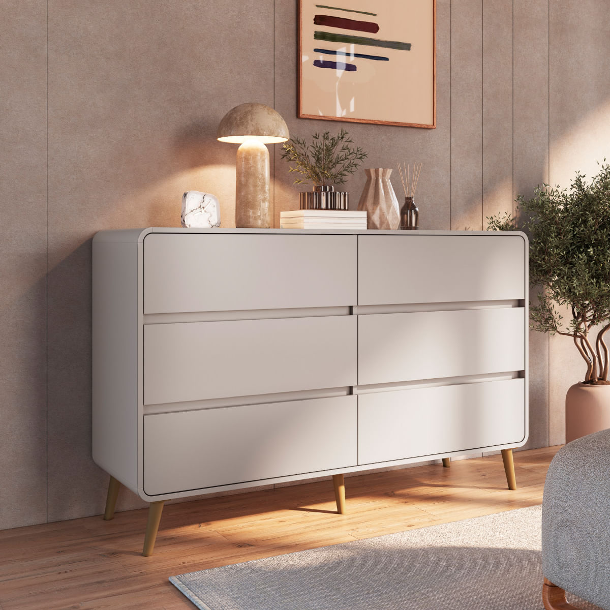 Cômoda 6 Gavetas Curve Bege Dunas Completa Móveis Dalla Costa