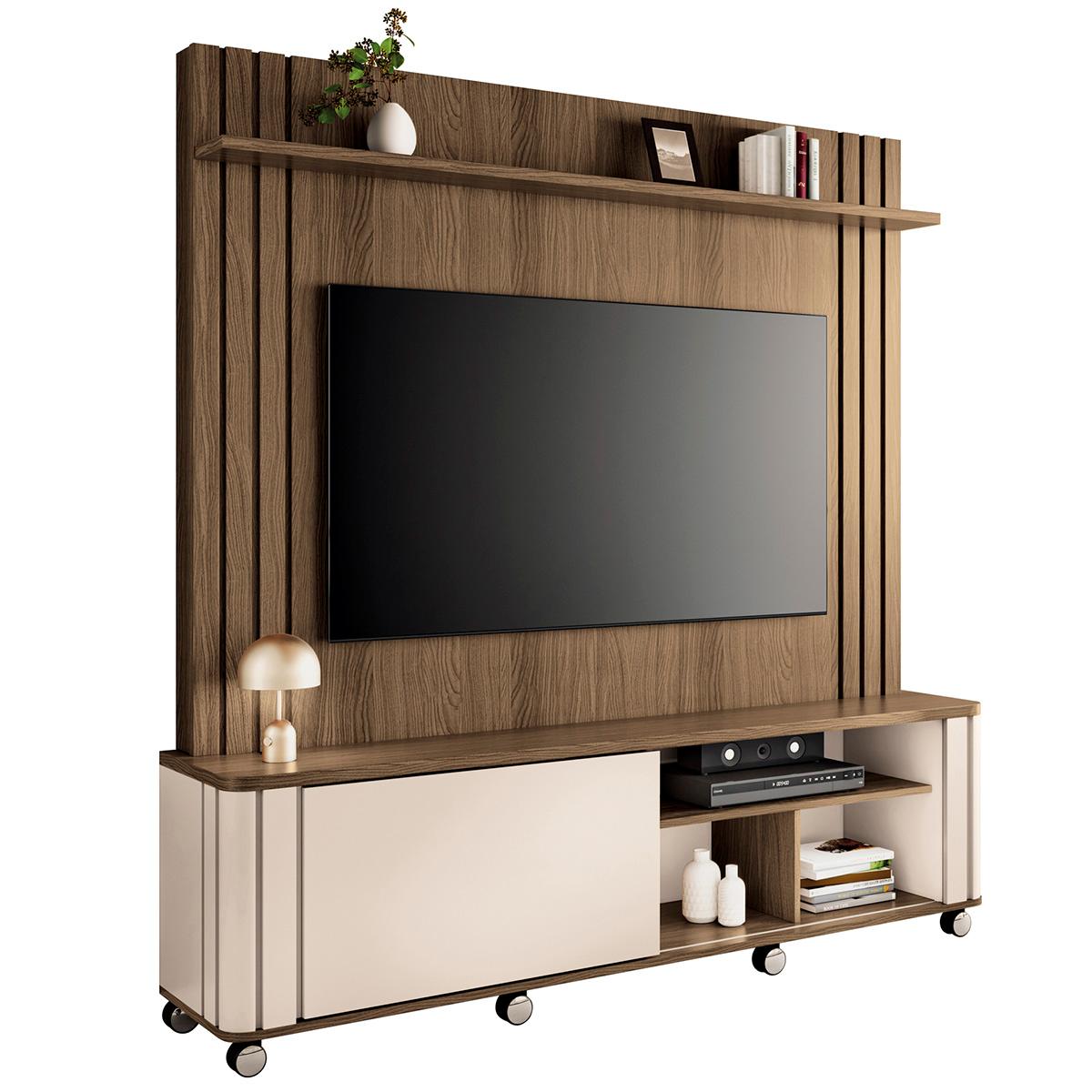 Home Painel Theater Trinus Sala Tv Até 70" Pol Com Rodizios Castanho/off White