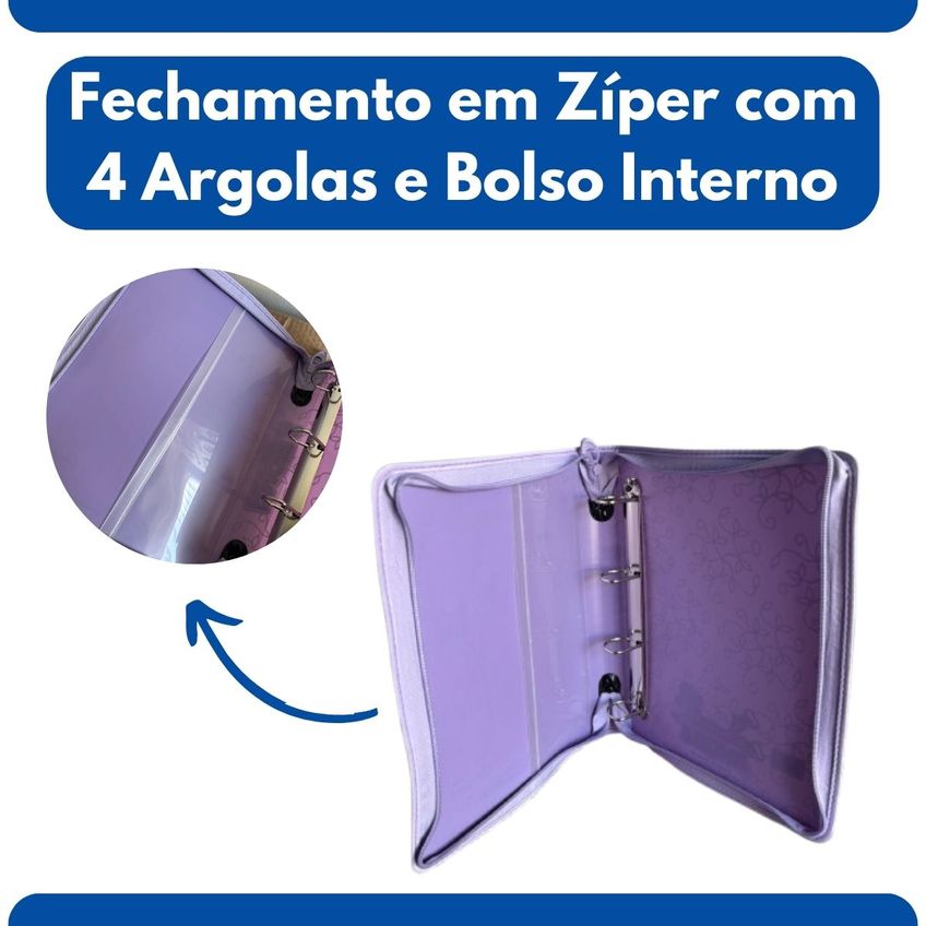 Pasta Com Zíper Fichário Angels Lilás Ofício Yes Com 4 Argolas E Bolso Interno Resistente Estampado - imagem 3