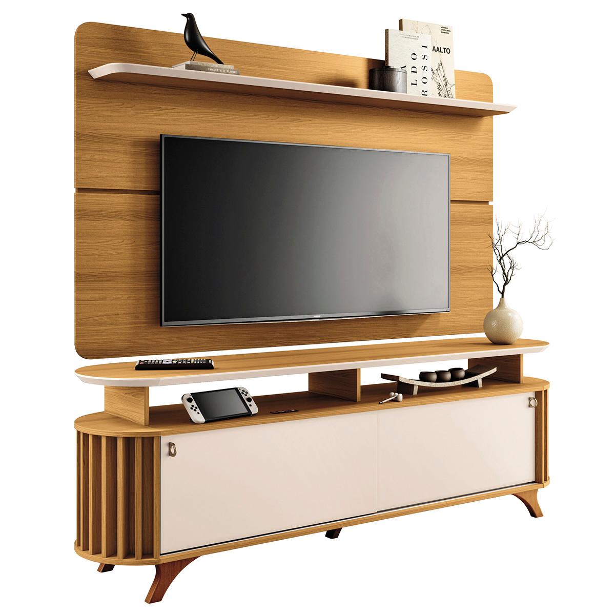 Kit Bancada Alba E Painel Curv Tv Até 70 Pés Madeira Maciça Cinamomo/off White