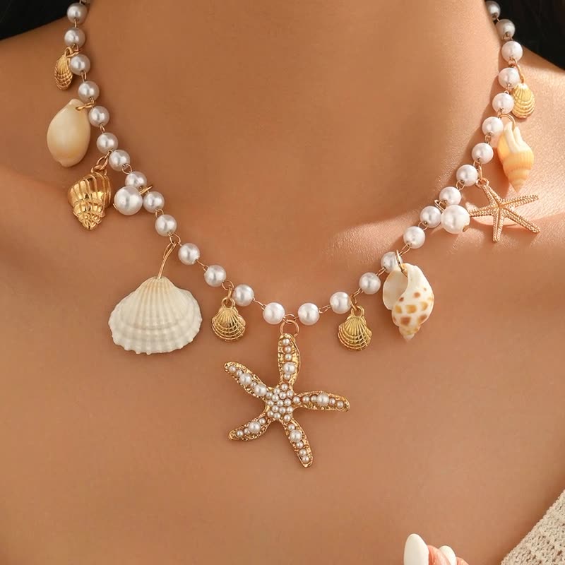 Colar Bjr Shell Imitation Pearl Chain Starfish Scallop