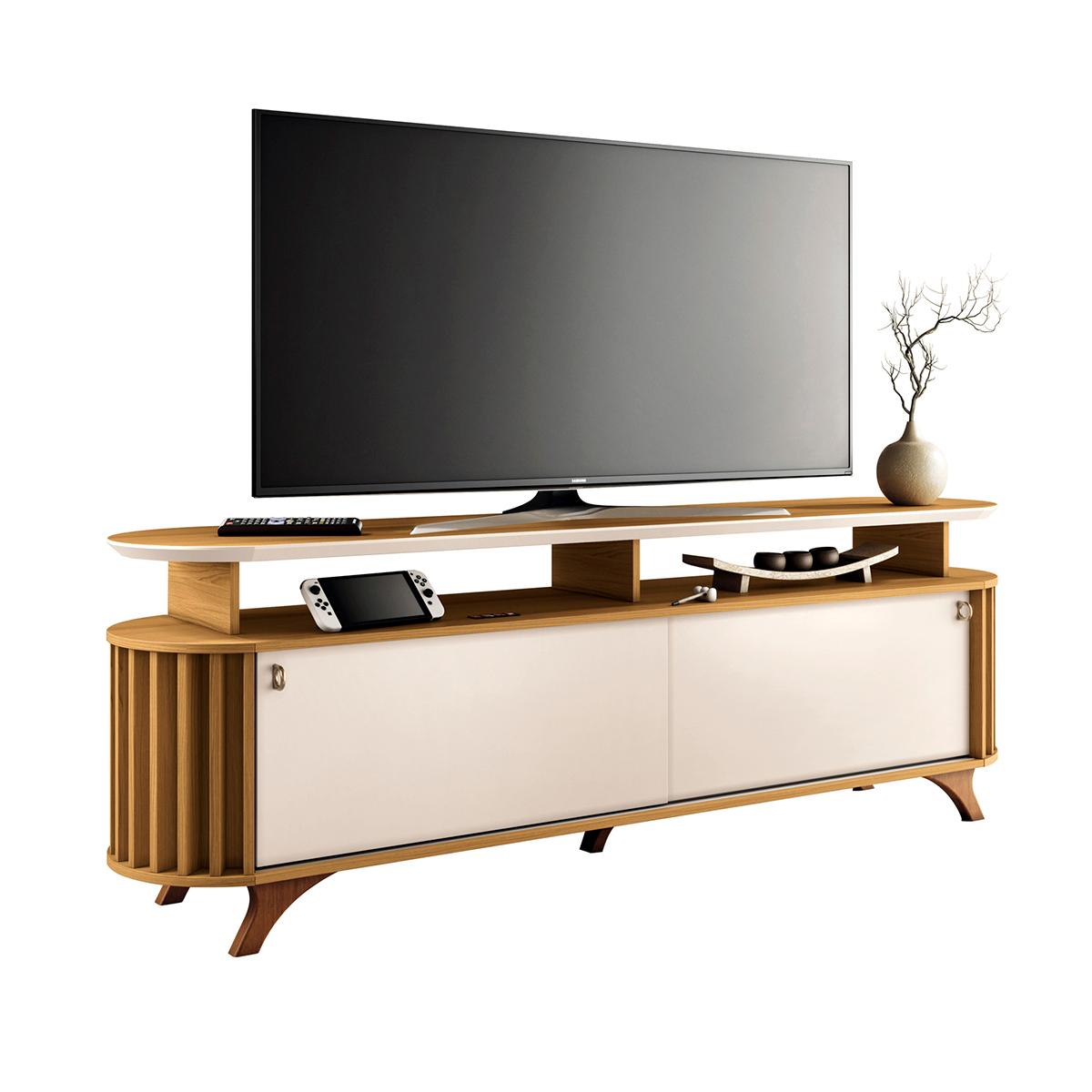 Rack Bancada Alba Tv Até 70 Polegadas Pés Madeira Maciça Cinamomo/off White