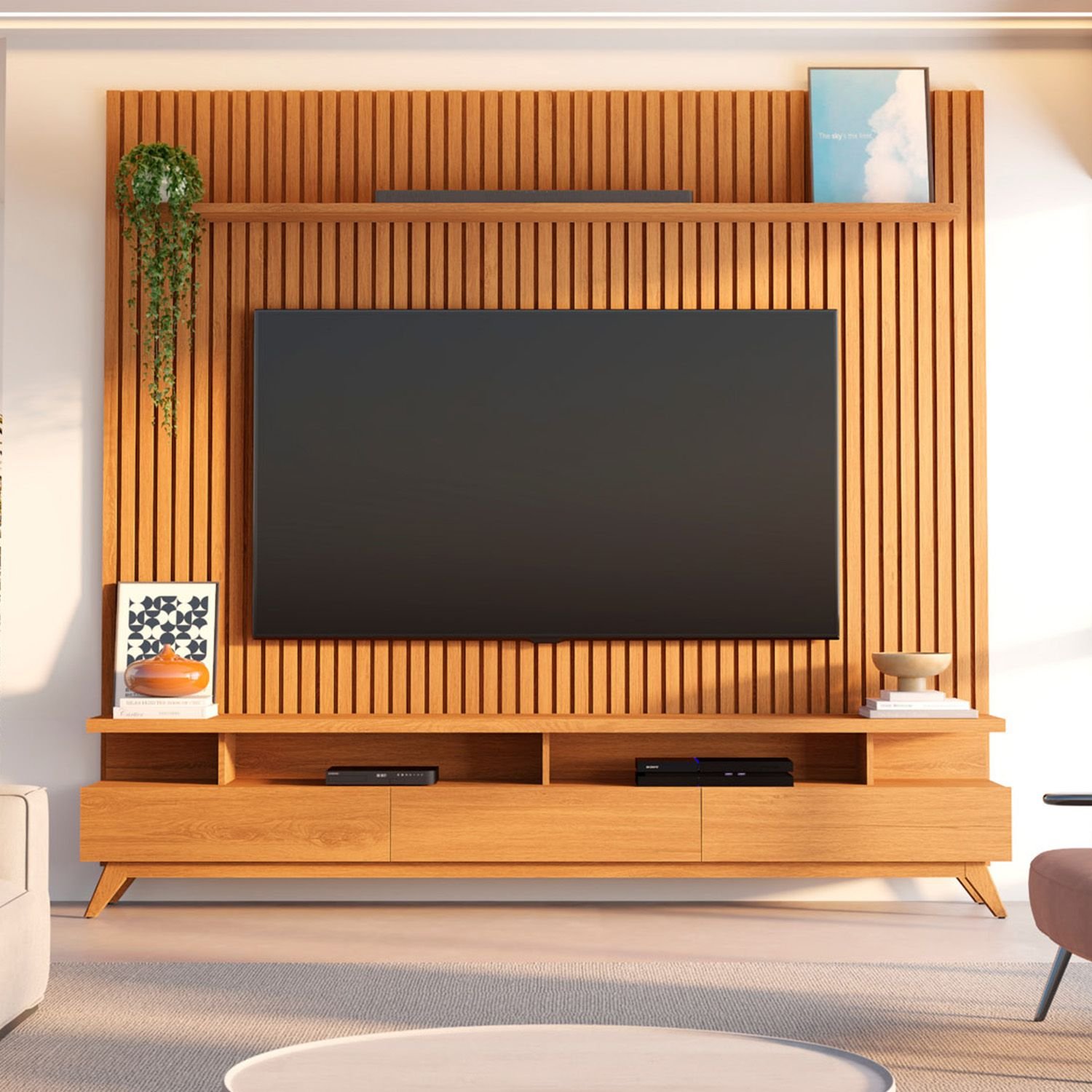 Rack Com Painel Ripado Para Até Tv 85 Polegadas 230cm 100% Mdf Yucca Cabecasa Madeiraoriginals Nature