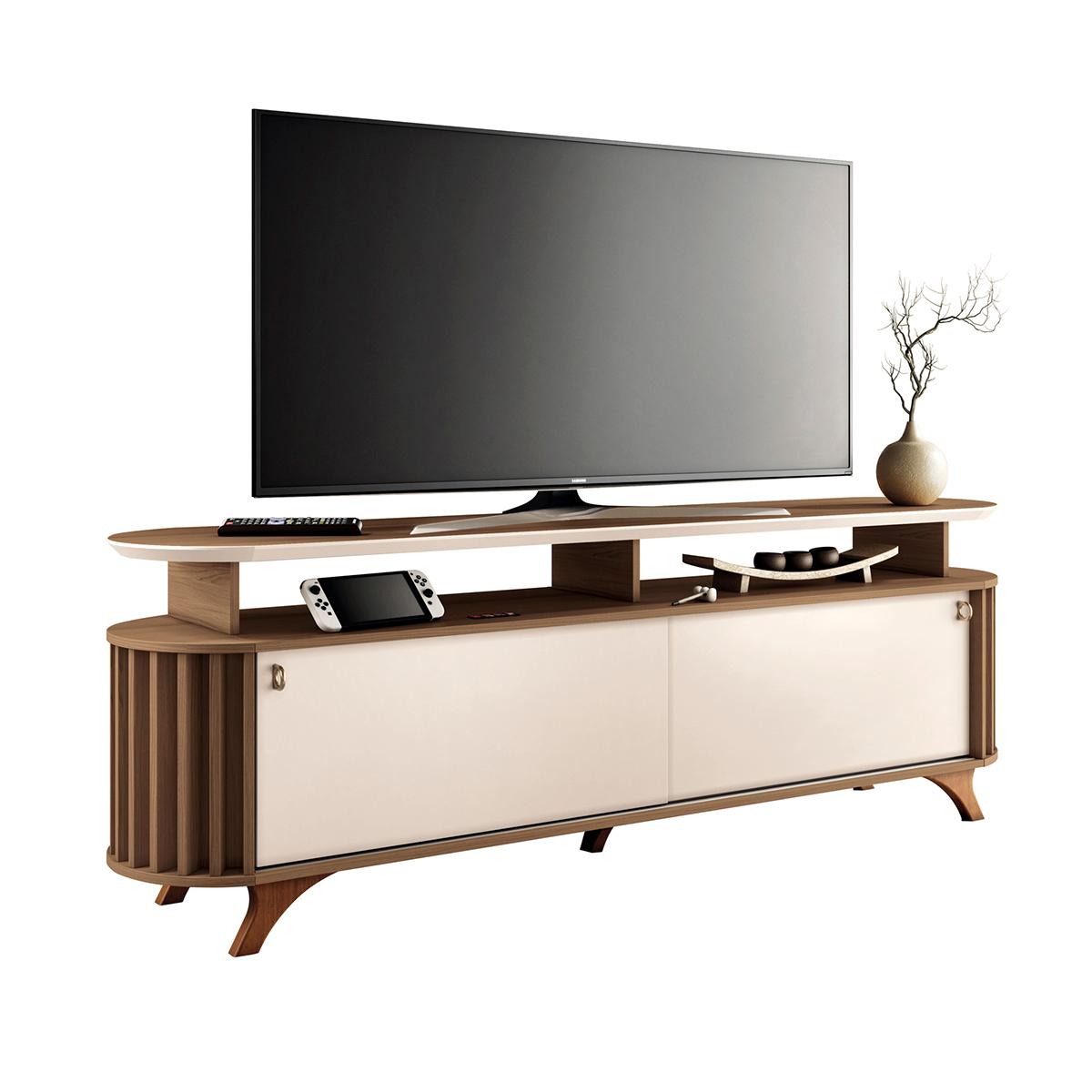 Rack Bancada Alba Tv Até 70 Polegadas Pés Madeira Maciça Castanho/off White