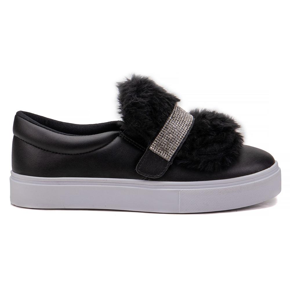 Tênis Slip On Feminino Strass Pelúcia Preto 34