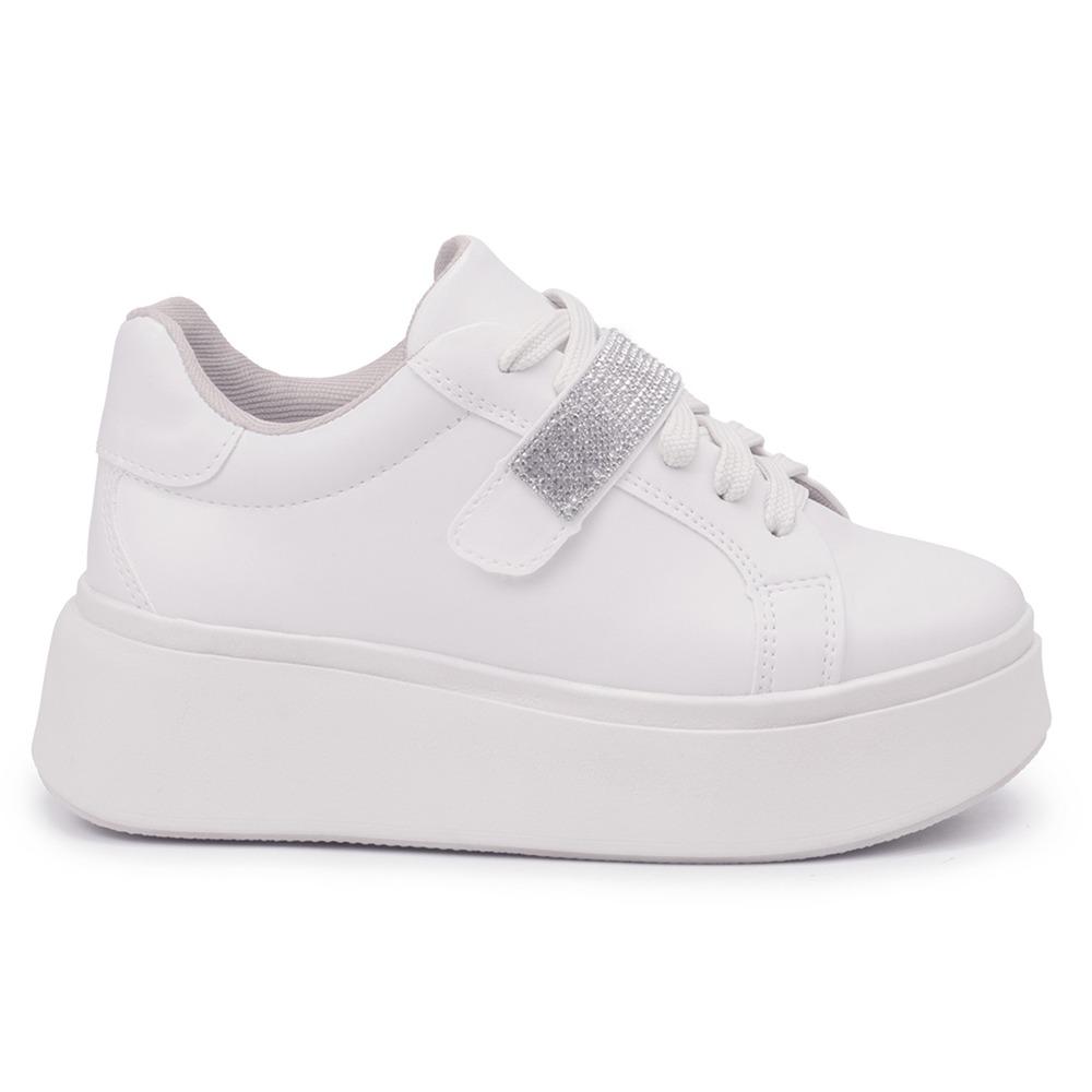 Tênis Feminino Plataforma Casual Strass Removível Branco 39
