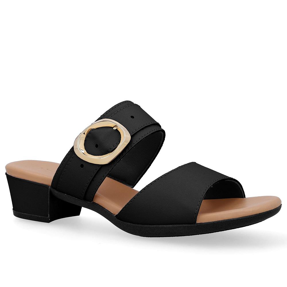 Tamanco Usaflex Salto Bloco Couro Fivela Ref Ud12001 Preto/preto 35