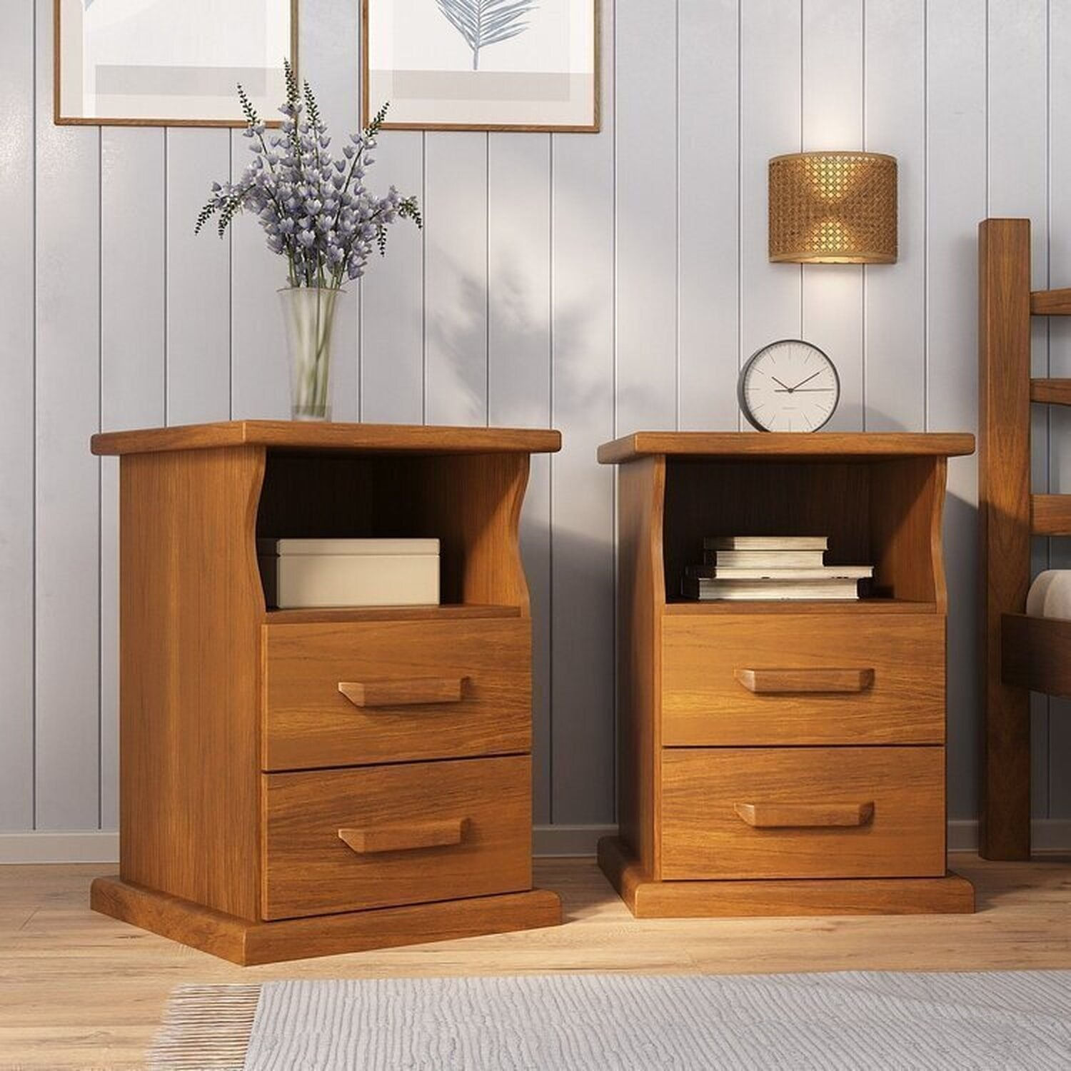 Kit Com 2 Mesa De Cabeceira Slim - 100% Madeira Mogno Mel