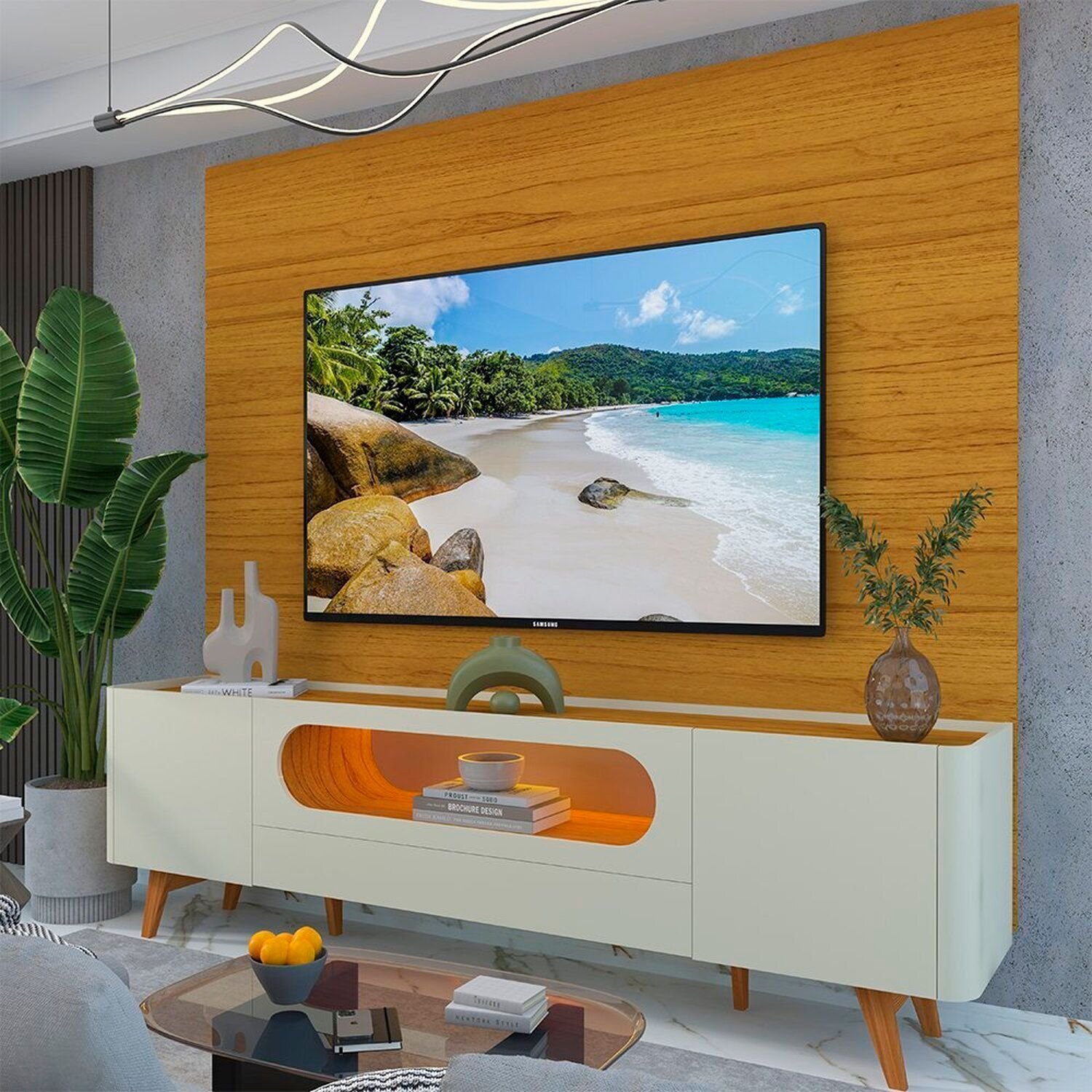 Rack Com Painel Para Tv 84 Polegadas Com Com Led 1 Gaveta 2 Portas 217cm 100% Mdf Luminare/nobre Naturale/off White