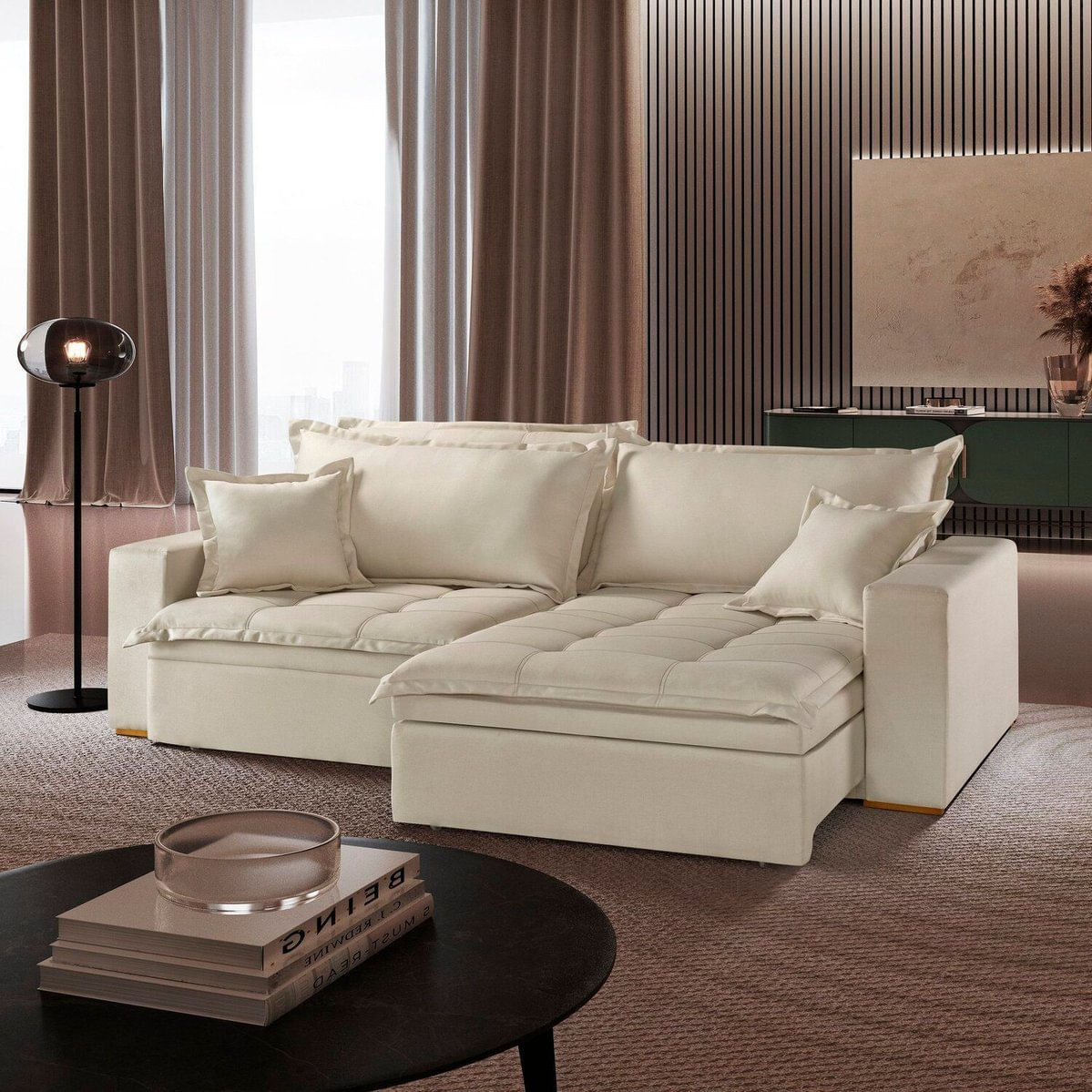 Sofá Retrátil Com Baú Ref 47 - 2504-b Messina Bege